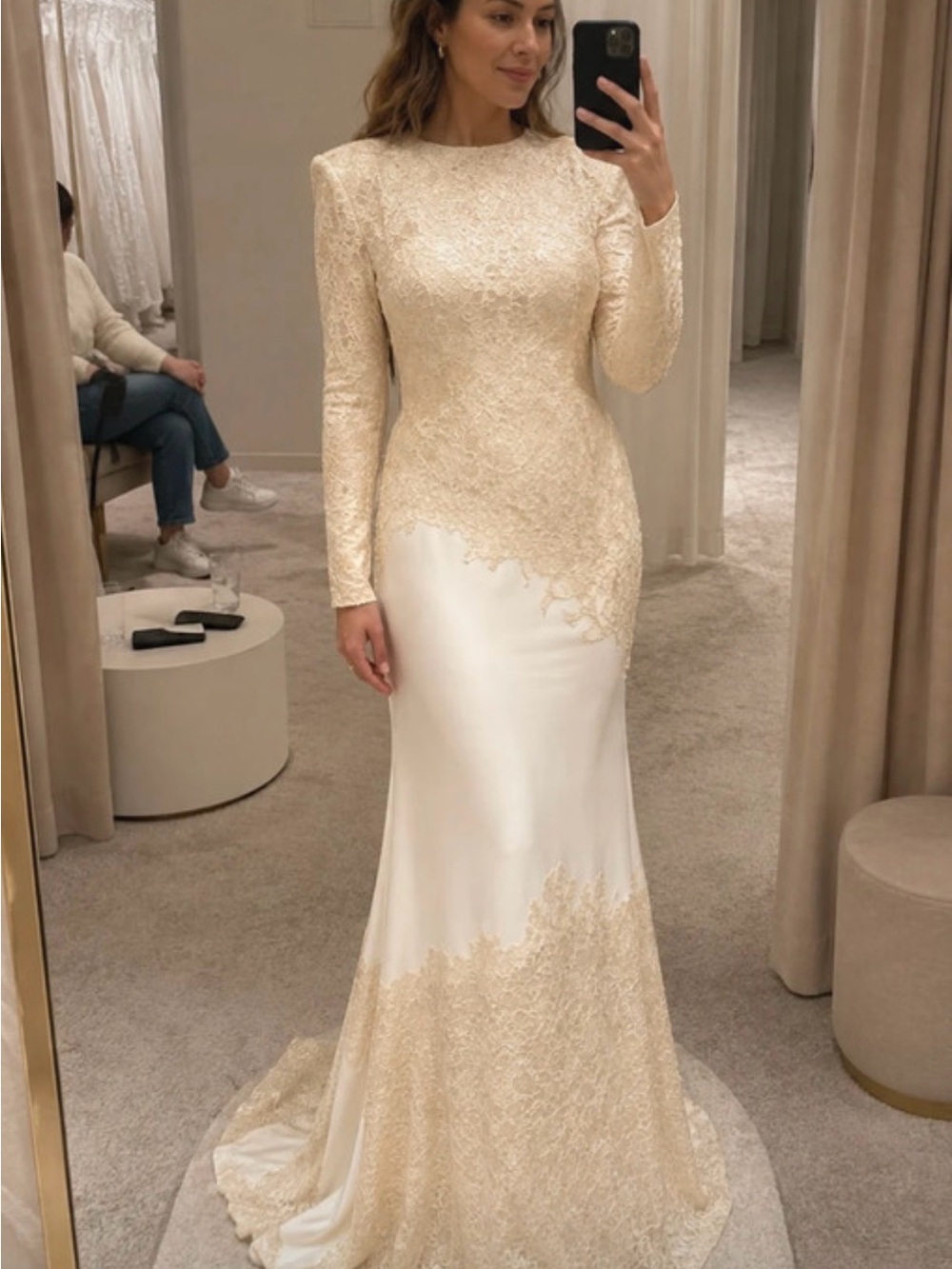 Ivory Lace-Overlay Long Sleeve Bridal Gown
